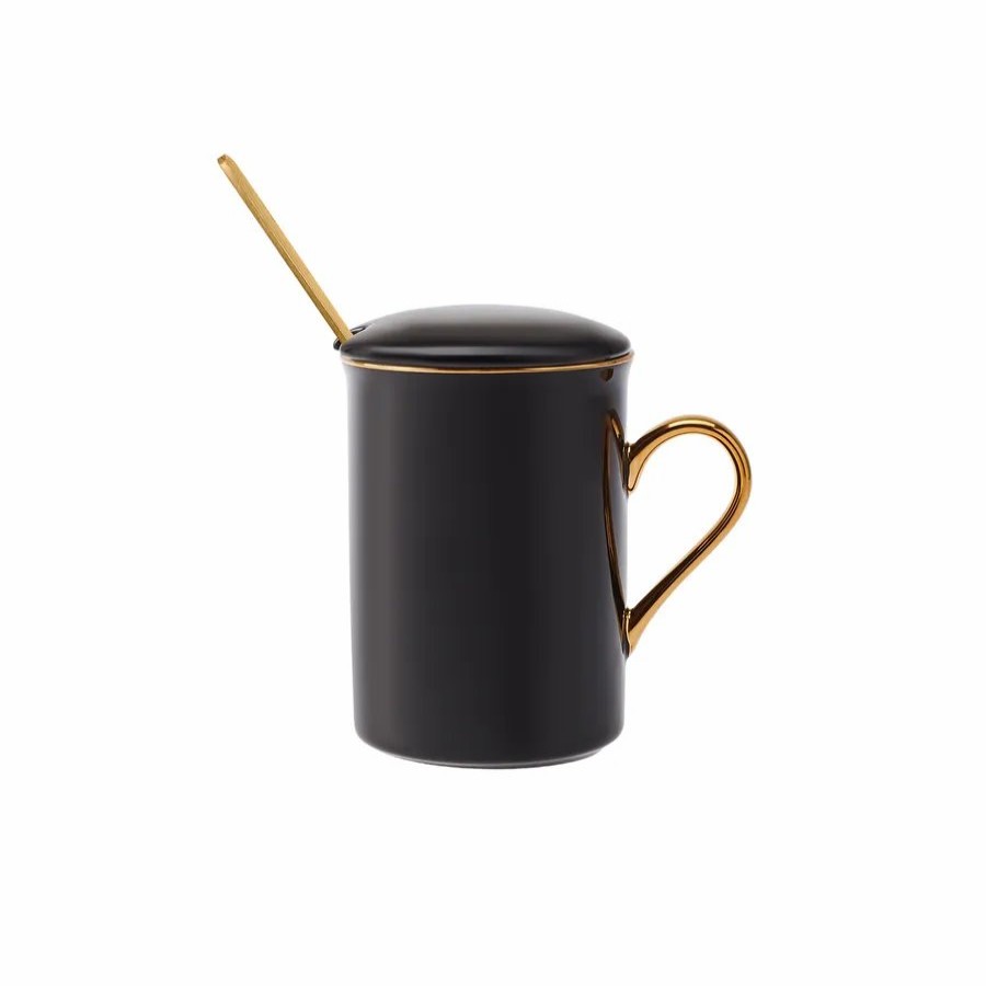 Mugs | Karaca Karaca Pastel Porcelain Mug With Lid And Spoon, 350Ml, Black Gold