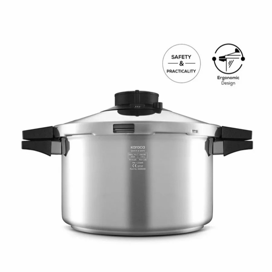 Pressure Cooker | Karaca Karaca Quick And Safe Stainless Steel Induction Pressure Cooker, 7L, Black Silver