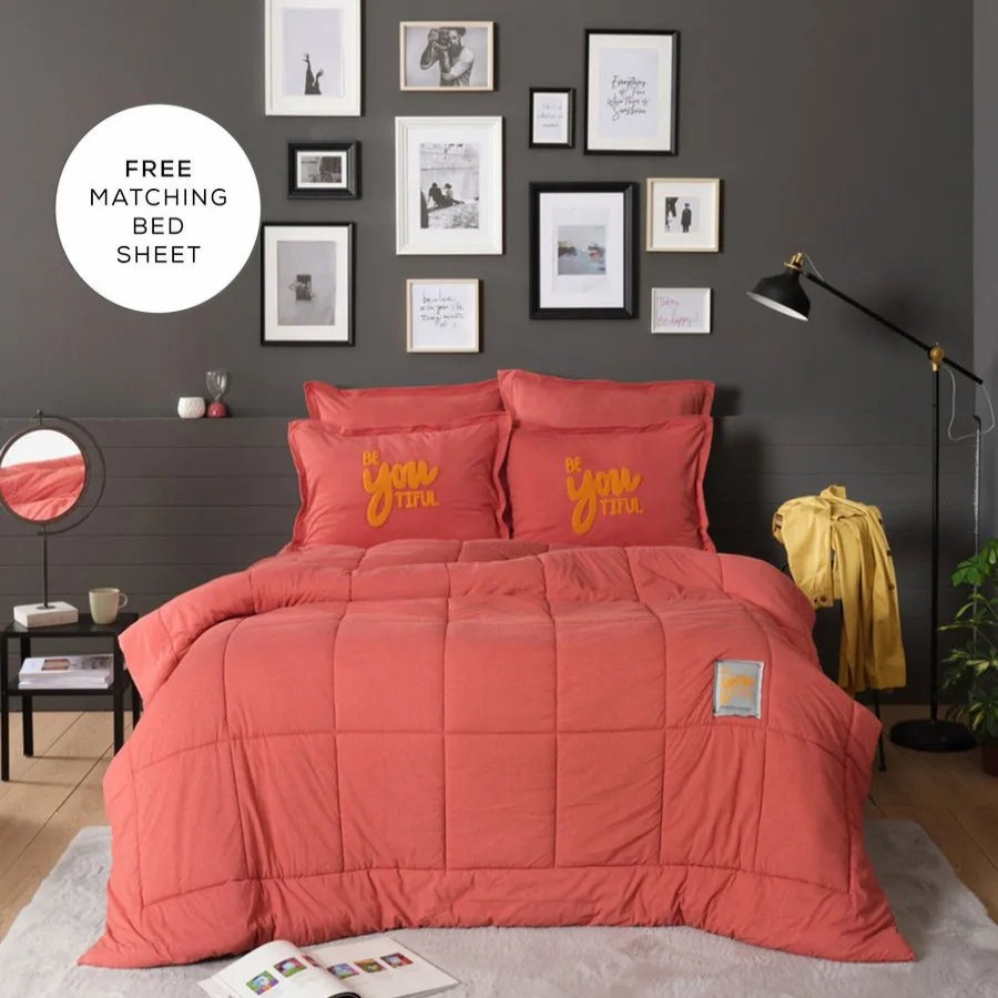 Duvets | Karaca Home Karaca Home Motto Cotton Comfort Duvet Set With Bed Sheet, Single, Coral