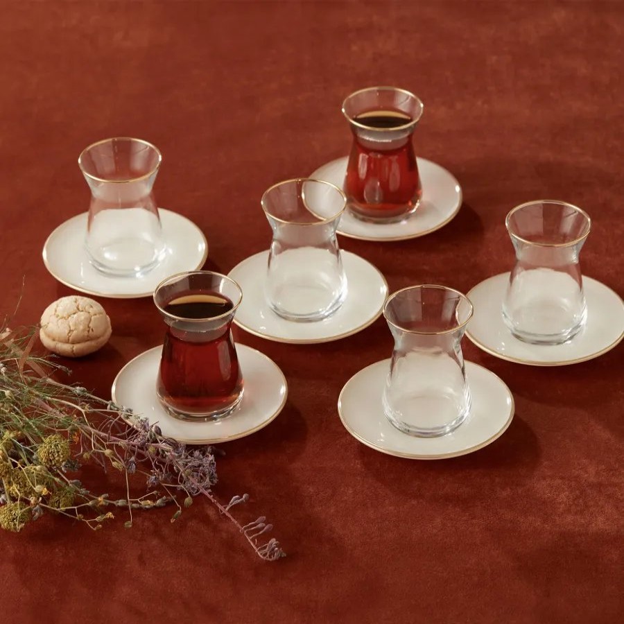 Turkish Tea Sets | Karaca Karaca Retro 12 Piece Glass Turkish Tea Set For 6 People, 132Ml, Beige Gold