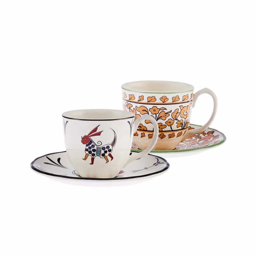 Tea Set | Karaca Karaca Paye Seljuk Collection 4 Piece Porcelain Tea Cup And Saucer Set For 2 People, 200Ml, Multi