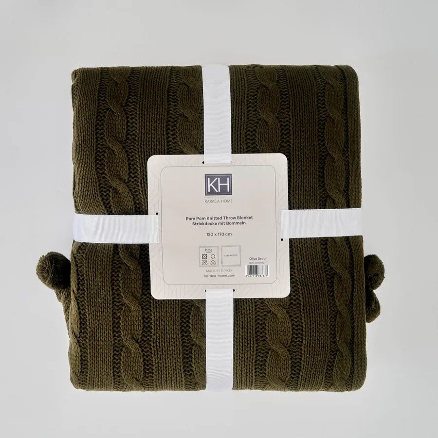 Throws & Blankets | Karaca Home Karaca Home Pompom Cable Knit Throw, 130Cmx170Cm, Olive Drab