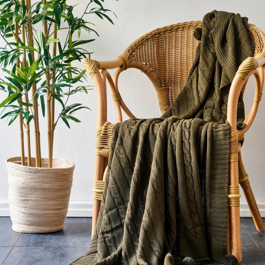 Throws & Blankets | Karaca Home Karaca Home Pompom Cable Knit Throw, 130Cmx170Cm, Olive Drab