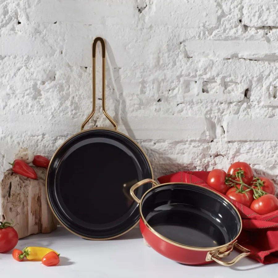 Induction Cookware | Karaca Karaca Retro 2-Piece Enamel Non-Stick Induction Pan Set, Red Gold