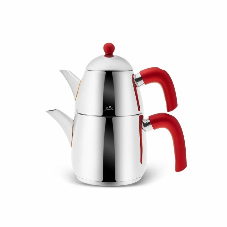 Turkish Teapots | Jumbo Jumbo Siesta Stainless Steel Induction Teapot, Midi, Red Silver