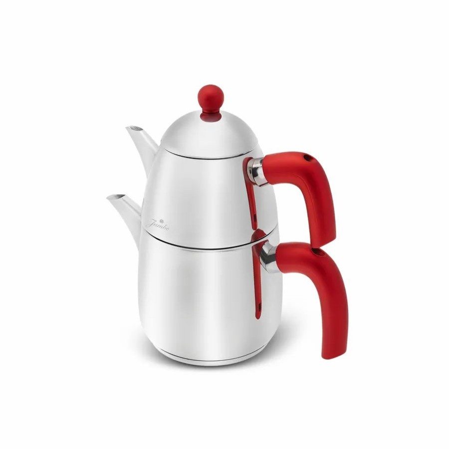 Turkish Teapots | Jumbo Jumbo Siesta Stainless Steel Induction Teapot, Midi, Red Silver