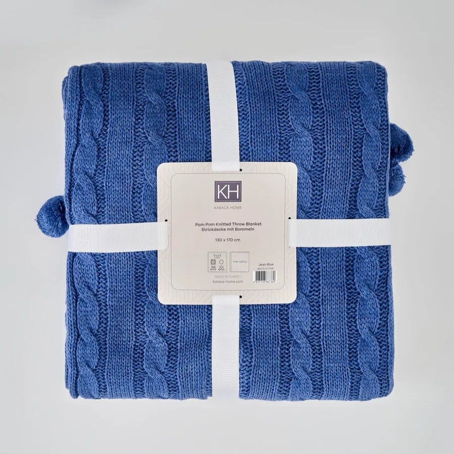 Throws & Blankets | Karaca Home Karaca Home Pompom Cable Knit Throw, 130Cmx170Cm, Jean Blue