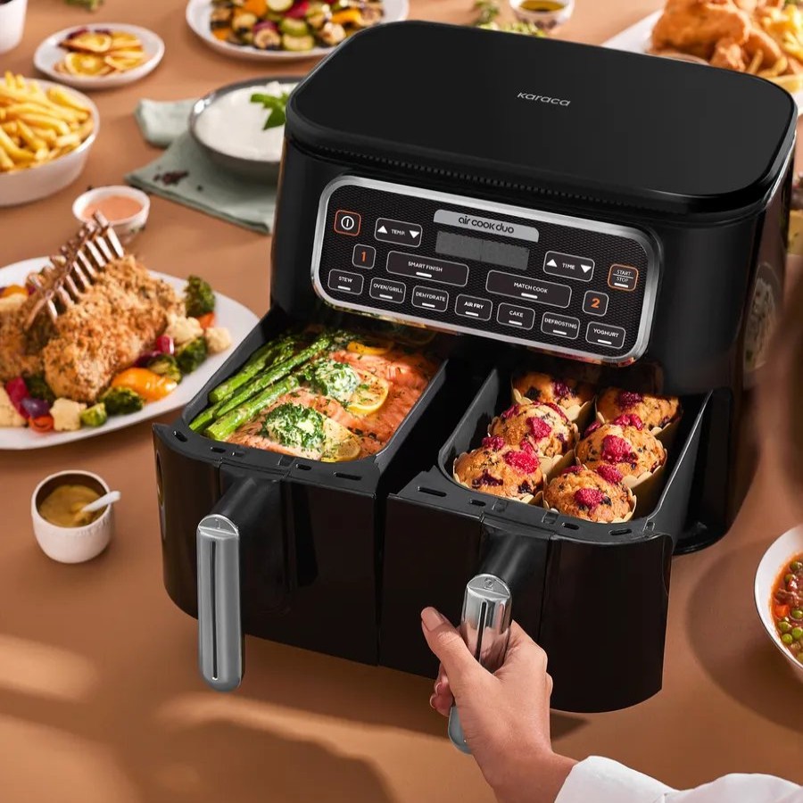 Airfryer | Karaca Karaca Air Cook 2-In-1 Dual Xxxl Air Fryer With Stew Function, 8L, 2500W, Black Chrome