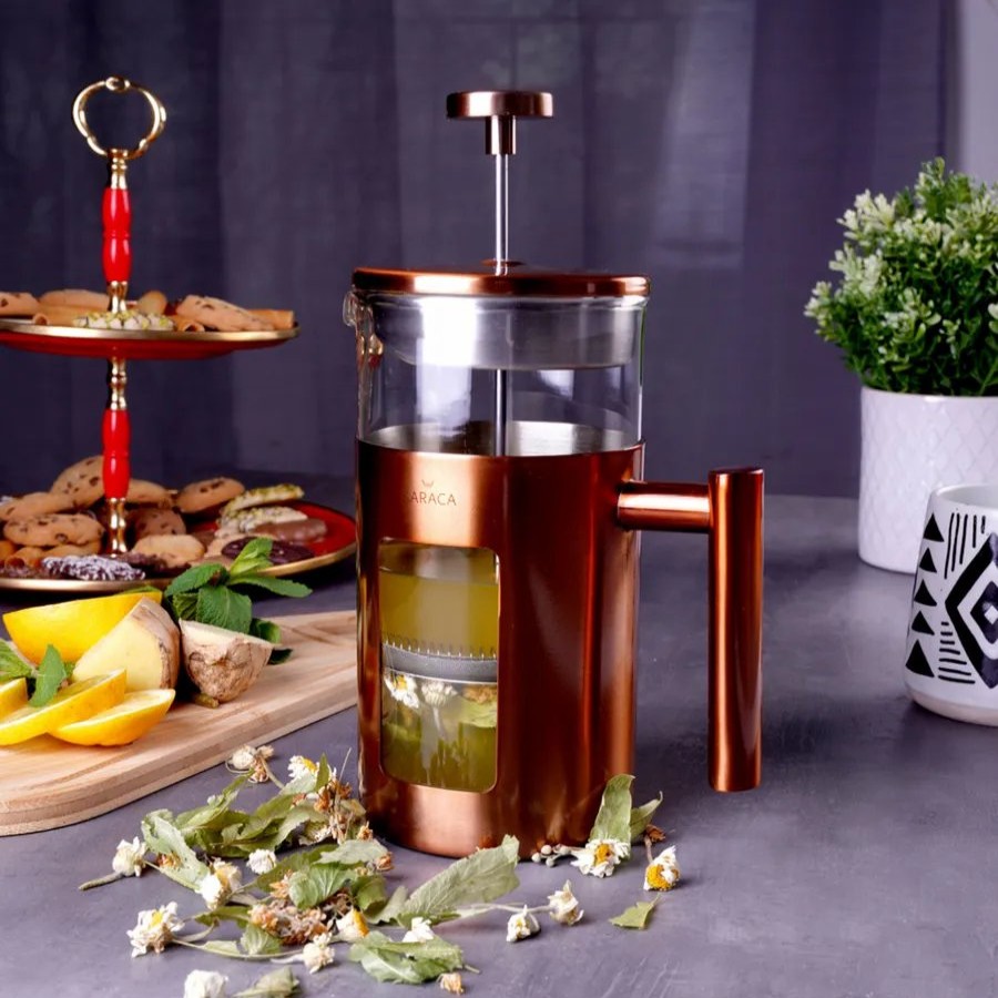 French Press | Karaca Karaca Borosilicate Glass Copper French Press, 1000Ml, Copper Silver