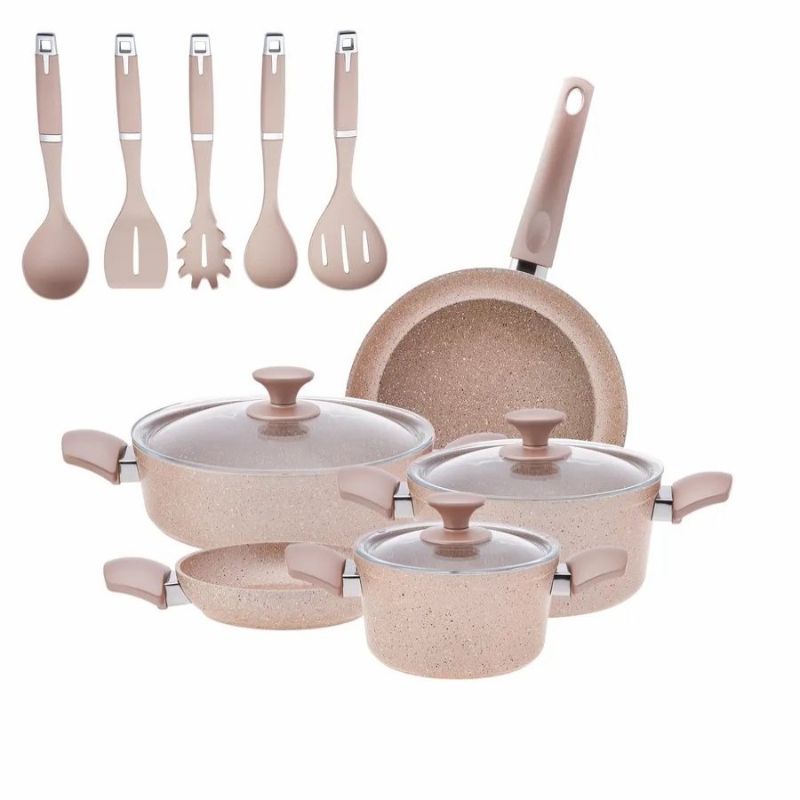 Induction Cookware | Karaca Karaca Biogranite 13-Piece Induction Cookware Set With Kitchen Utensil Set, Rose Gold