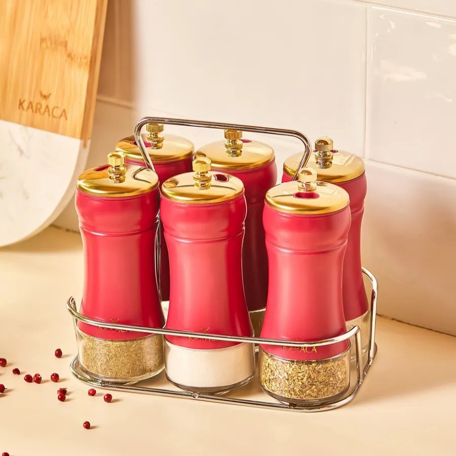 Salt And Pepper Grinders | Karaca Karaca Gold Berry 6 Piece Glass Square Spice Grinder Set With Stand, 100Ml, Multi