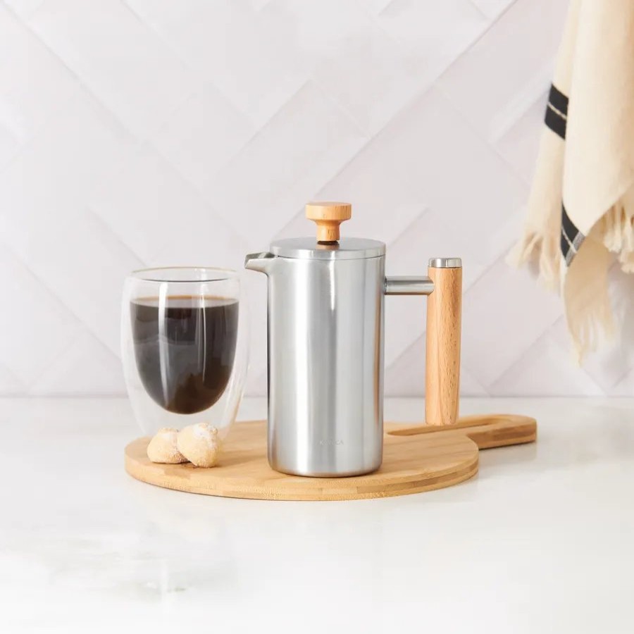 French Press | Karaca Karaca Double Wall Stainless Steel French Press With Oak Handle, 350Ml, Silver Oak