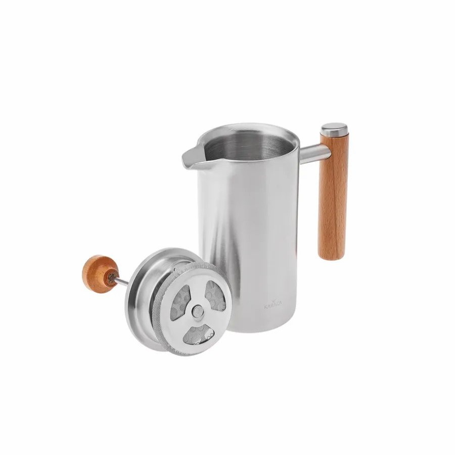 French Press | Karaca Karaca Double Wall Stainless Steel French Press With Oak Handle, 350Ml, Silver Oak