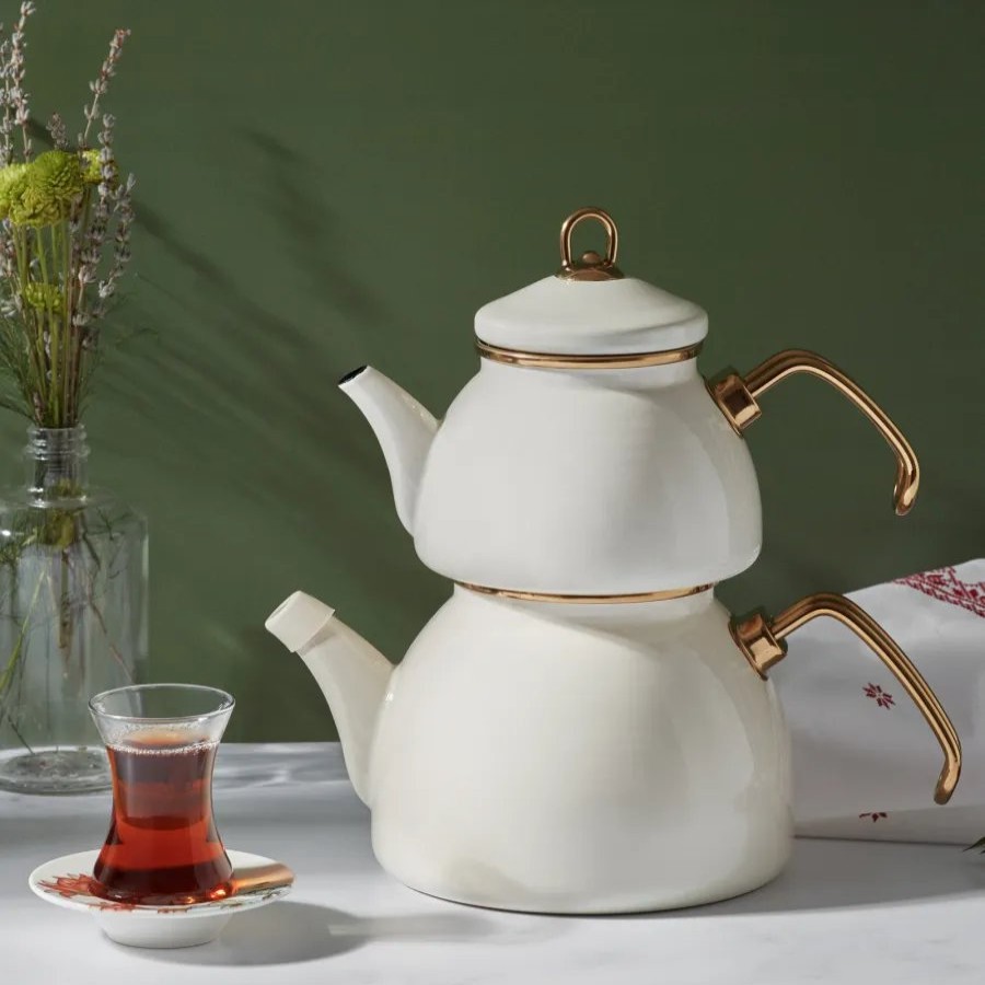 Turkish Teapots | Karaca Karaca Retro Enamel Induction Teapot Set, Cream