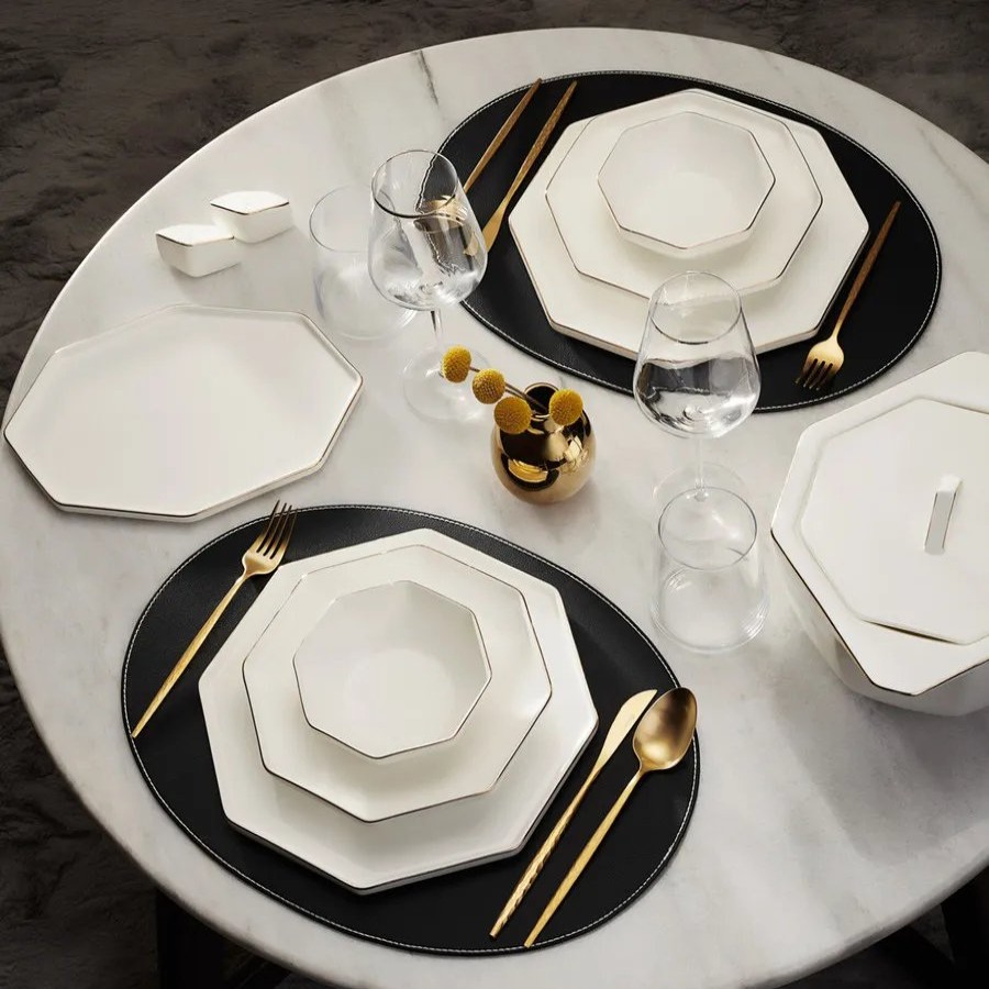 Fine Pearl Dinner Sets | Karaca Karaca Fine Pearl Extra Eight Corner 62-Piece Dinner Set For 12 People, White Gold