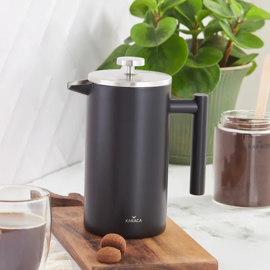 French Press | Karaca Karaca Stainless Steel Double Wall French Press, 1000Ml, Matte Black Silver