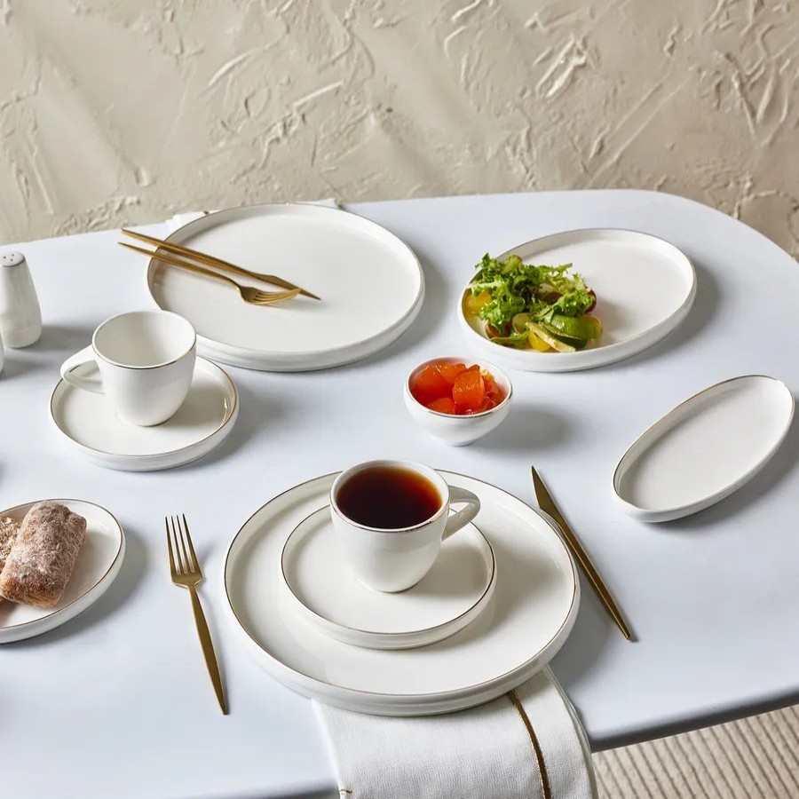 Porcelain Breakfast Sets | Karaca Karaca Streamline Sunset 34 Piece Porcelain Breakfast Serveware Set For 6 People, White Gold