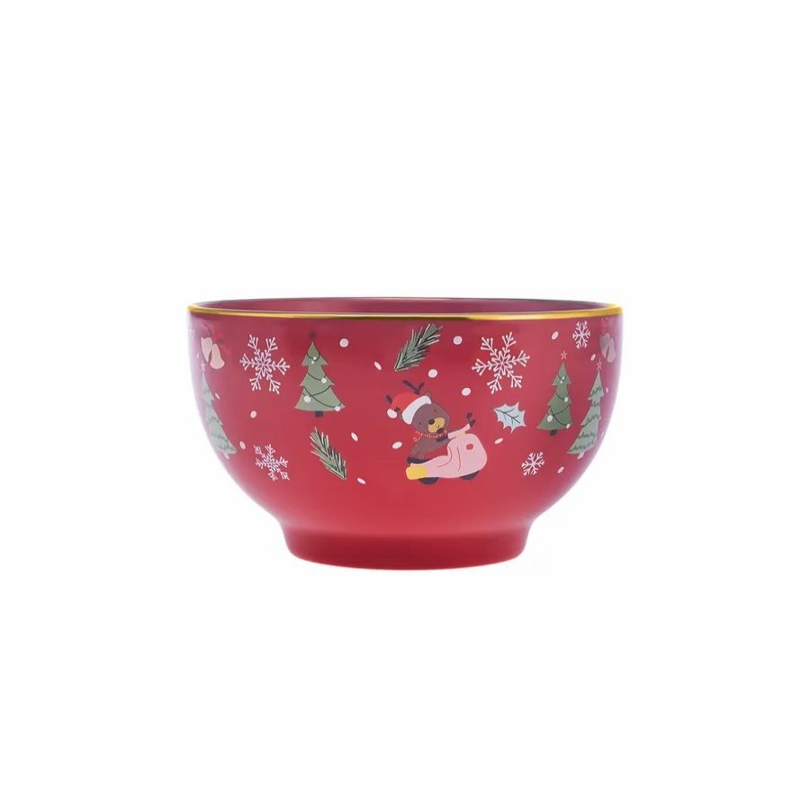 Bowls | Karaca Karaca New Year Christmas New Generation Bone Golden Line Noodle Bowl, 14Cm, Red Multi