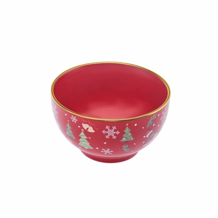 Bowls | Karaca Karaca New Year Christmas New Generation Bone Golden Line Noodle Bowl, 14Cm, Red Multi