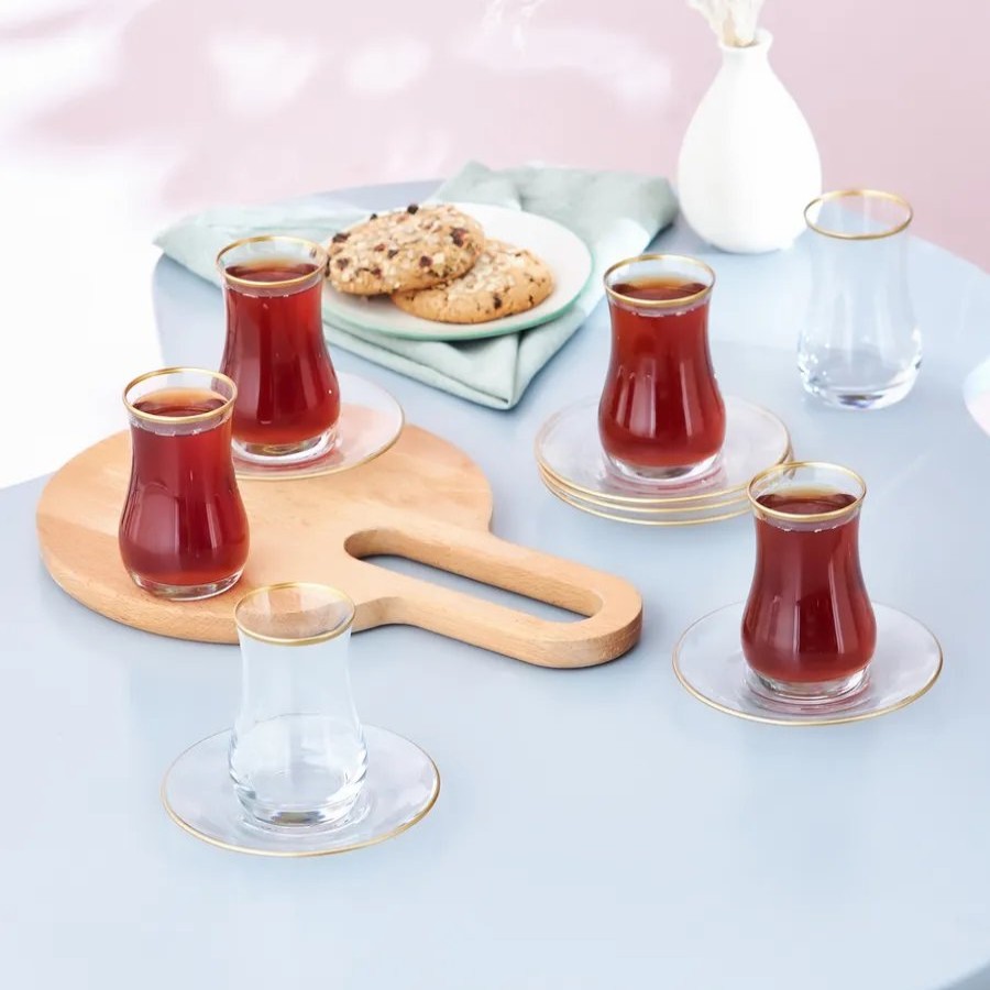 Turkish Tea Sets | Karaca Karaca Kirke 12 Piece Glass Turkish Tea Set For 6 People, 110Ml, Gold Transparent