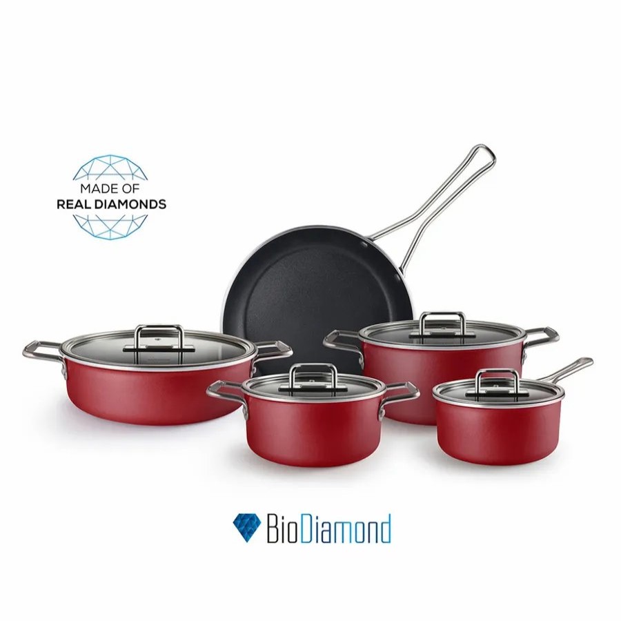 Biodiamond Cookware Sets | Karaca Karaca Mastermaid Biodiamond 9-Piece Non-Stick Cookware Set, Imperial Red Silver