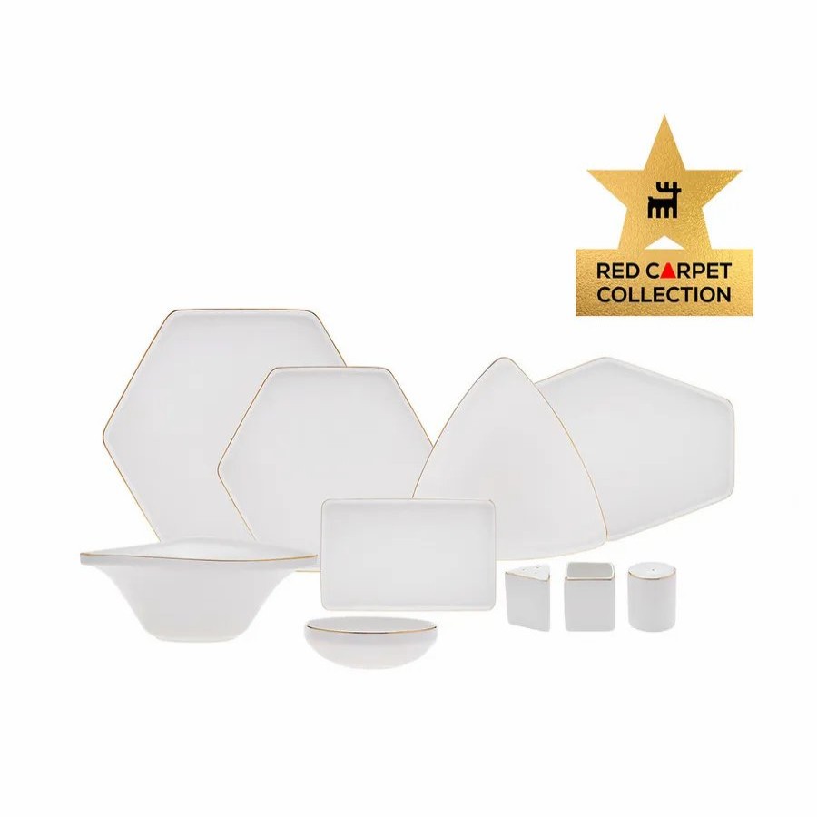 New Generation Bone China Dinner Sets | Karaca Karaca Red Carpet Collection Streamline Geo 59-Piece New Generation Bone China Dinner Set For 12 People, White Gold