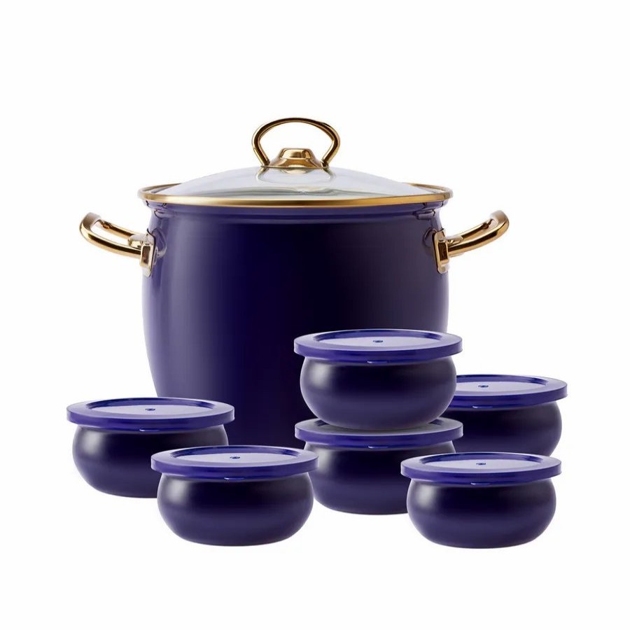 Enamel Cookware | Karaca Karaca Retro Enamel Yoghurt Fermentation Set, 7 Piece, Navy Blue Gold