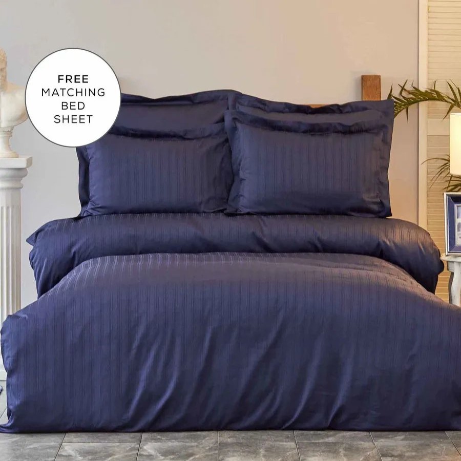 Duvet Cover Sets | Karaca Home Karaca Home Charm Bold 100% Turkish Cotton Duvet Cover Set With Bed Sheet, Single, Navy Blue