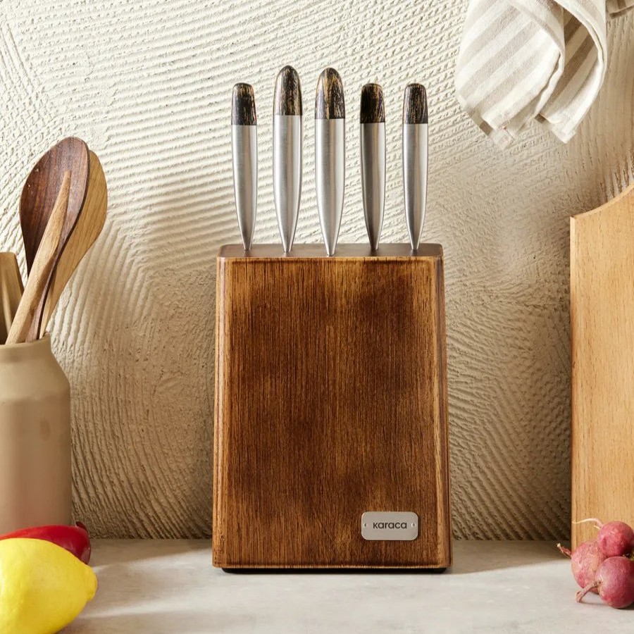 Knife Block Sets | Karaca Karaca Dynamic 5 Piece Knife Set With Stand, Wood Silver