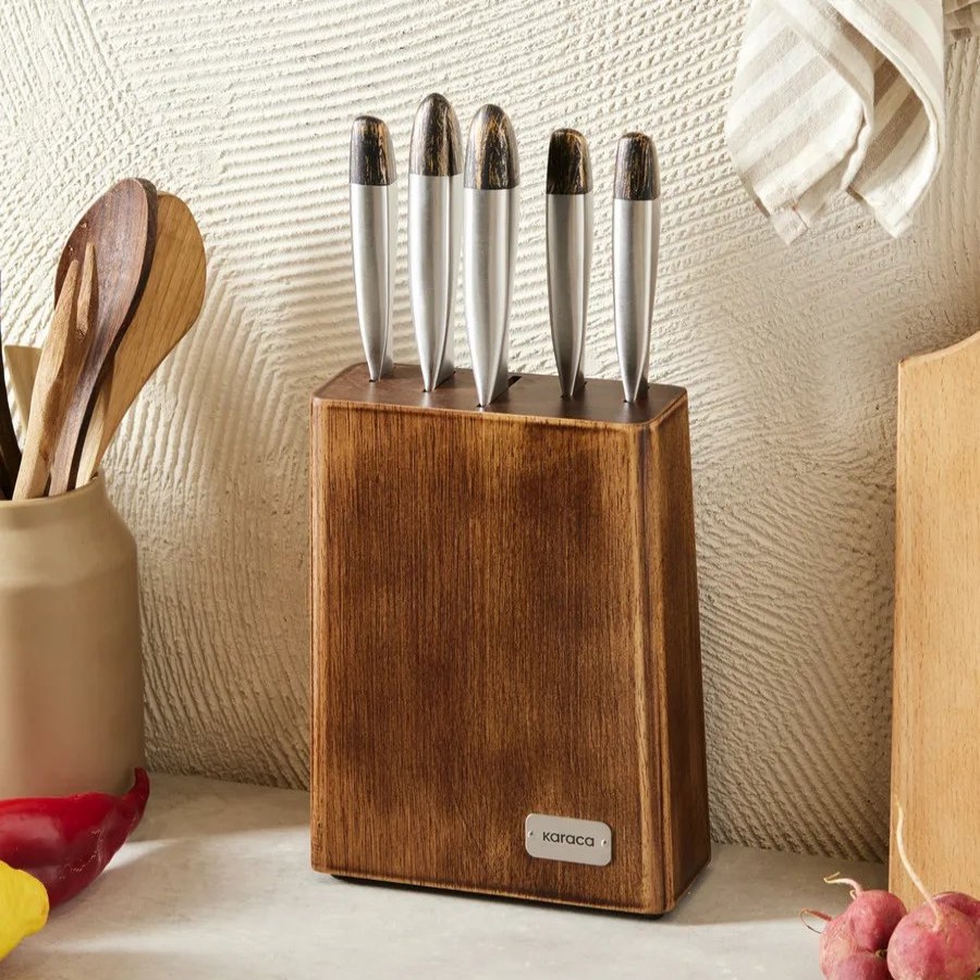 Knife Block Sets | Karaca Karaca Dynamic 5 Piece Knife Set With Stand, Wood Silver