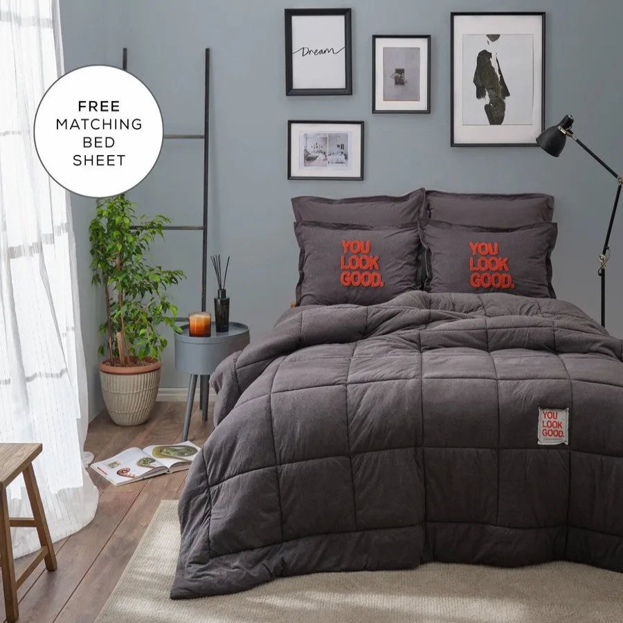 Duvets | Karaca Home Karaca Home Motto Cotton Comfort Duvet Set With Bed Sheet, Single, Anthracite