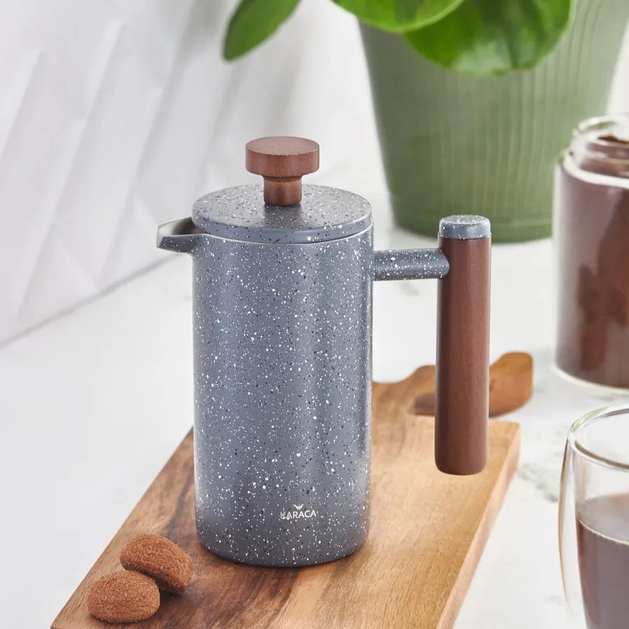 French Press | Karaca Karaca Stainless Steel Double Wall Marble French Press With Chestnut Handle, 350Ml, Dark Grey