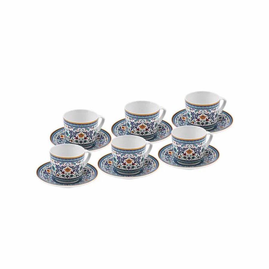 Espresso&Turkish Coffee Cup Sets | Karaca Karaca Beylerbeyi 12 Piece Porcelain Turkish Coffee Cup Set For 6 People, 80Ml, White Blue Multi