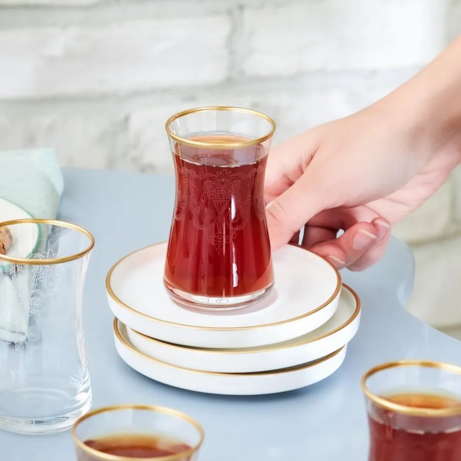 Turkish Tea Sets | Karaca Karaca Athen 12 Piece Glass Turkish Tea Set For 6 People, 110Ml, White Gold