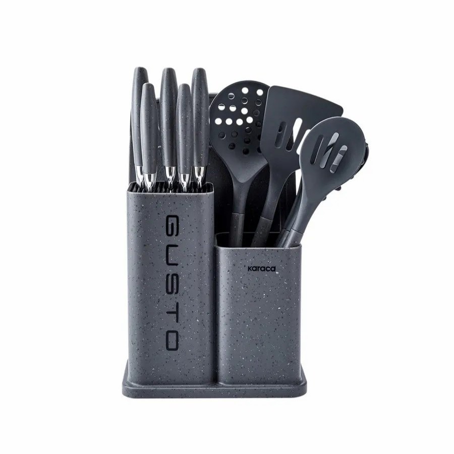 Knife Block Sets | Karaca Karaca Gusto 12 Piece Knife Block Set, Kitchen Utensil Set With Block And Chopping Board, Grey