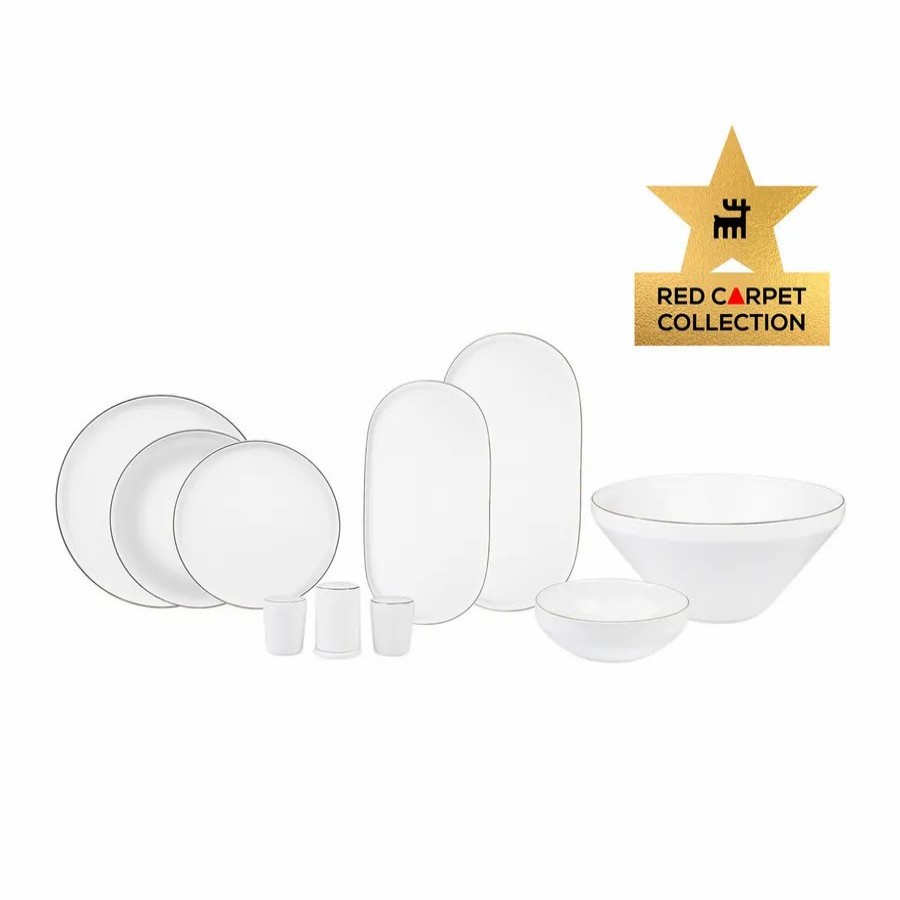 New Generation Bone China Dinner Sets | Karaca Karaca Red Carpet Collection Streamline New Saturn 59-Piece New Generation Bone China Dinner Set For 12 People, White Platinum