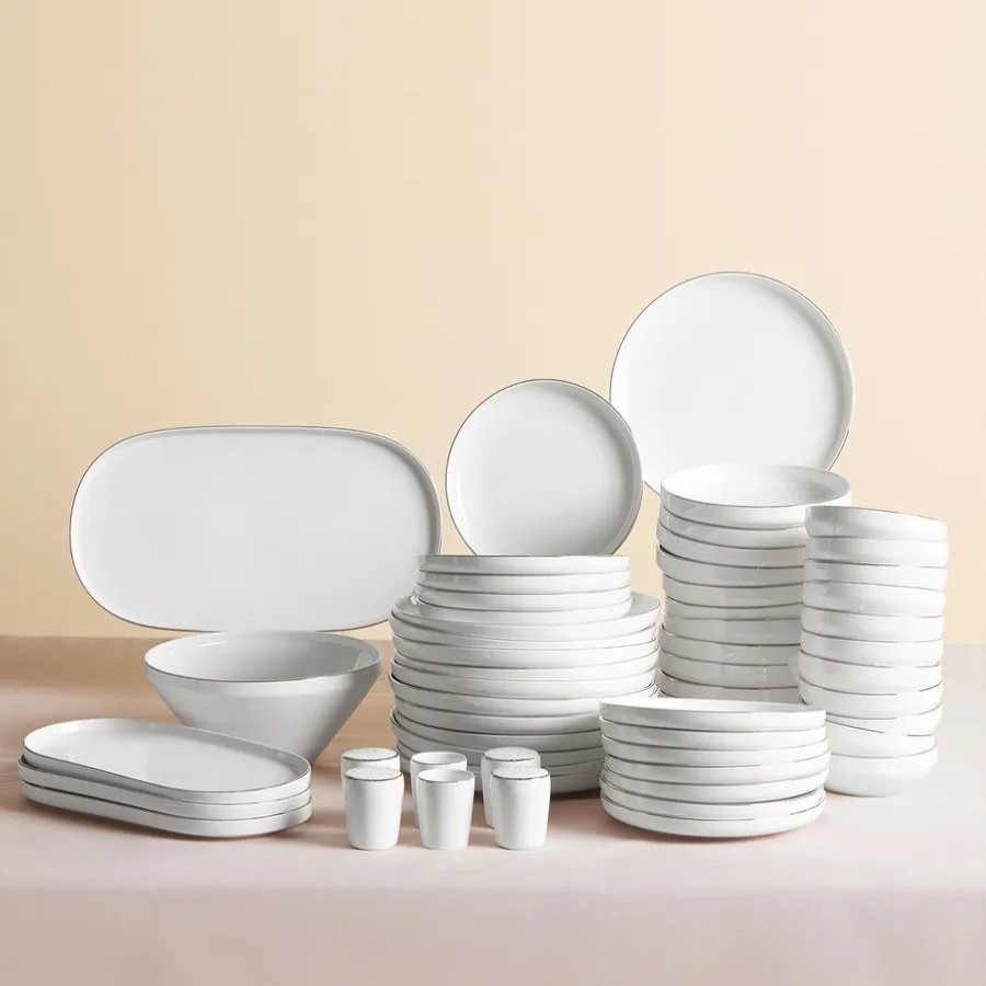 New Generation Bone China Dinner Sets | Karaca Karaca Red Carpet Collection Streamline New Saturn 59-Piece New Generation Bone China Dinner Set For 12 People, White Platinum