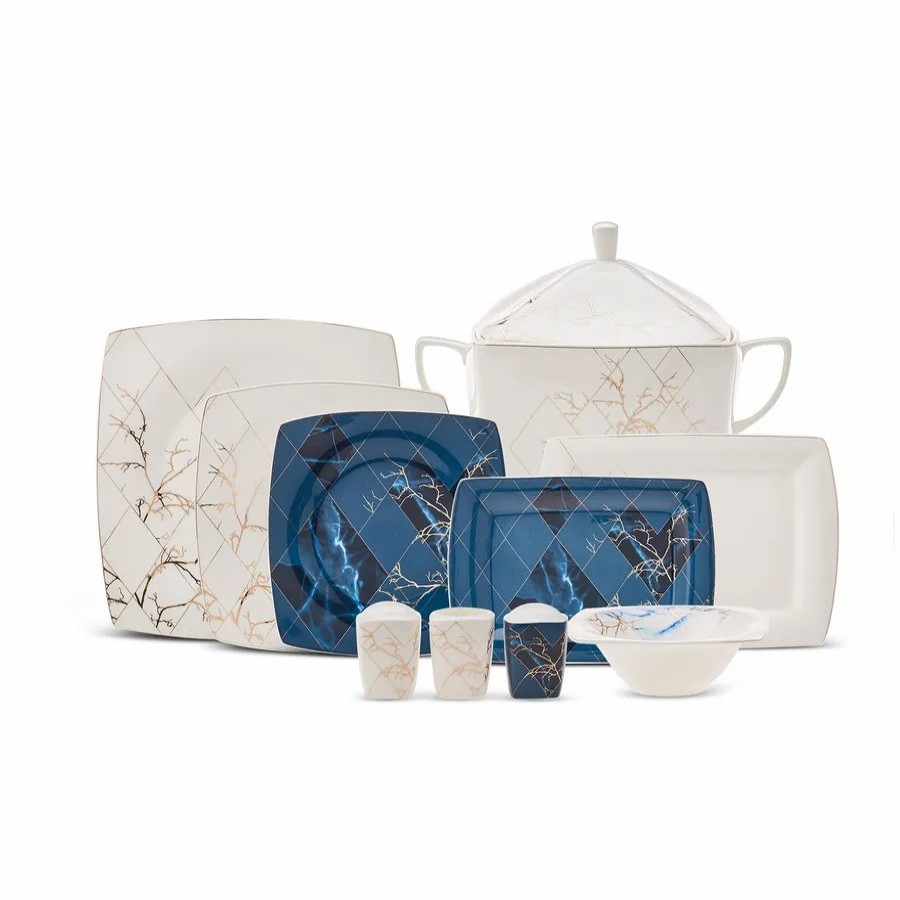 Fine Pearl Dinner Sets | Karaca Karaca Fine Pearl Midnight 62-Piece Dinner Set For 12 People, Blue Gold White