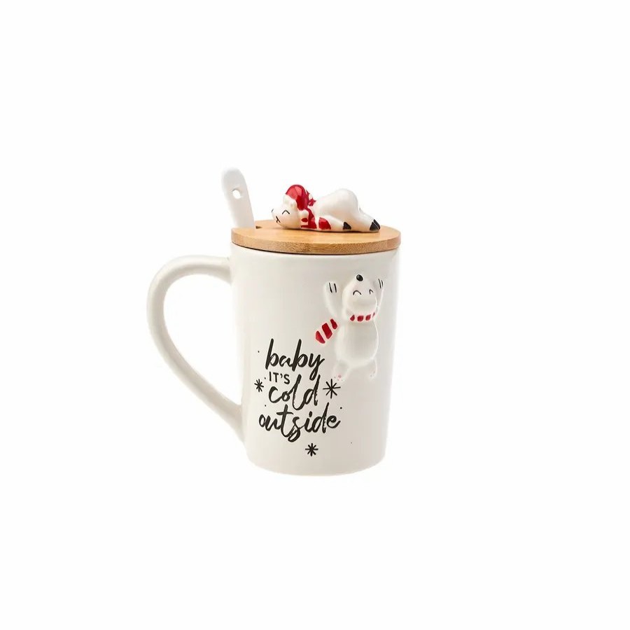 Mugs | Karaca Karaca New Year Christmas Polar Bear Ceramic Mug With Lid And Spoon, 375Ml, Multi