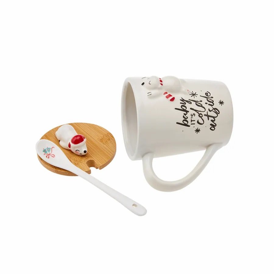 Mugs | Karaca Karaca New Year Christmas Polar Bear Ceramic Mug With Lid And Spoon, 375Ml, Multi