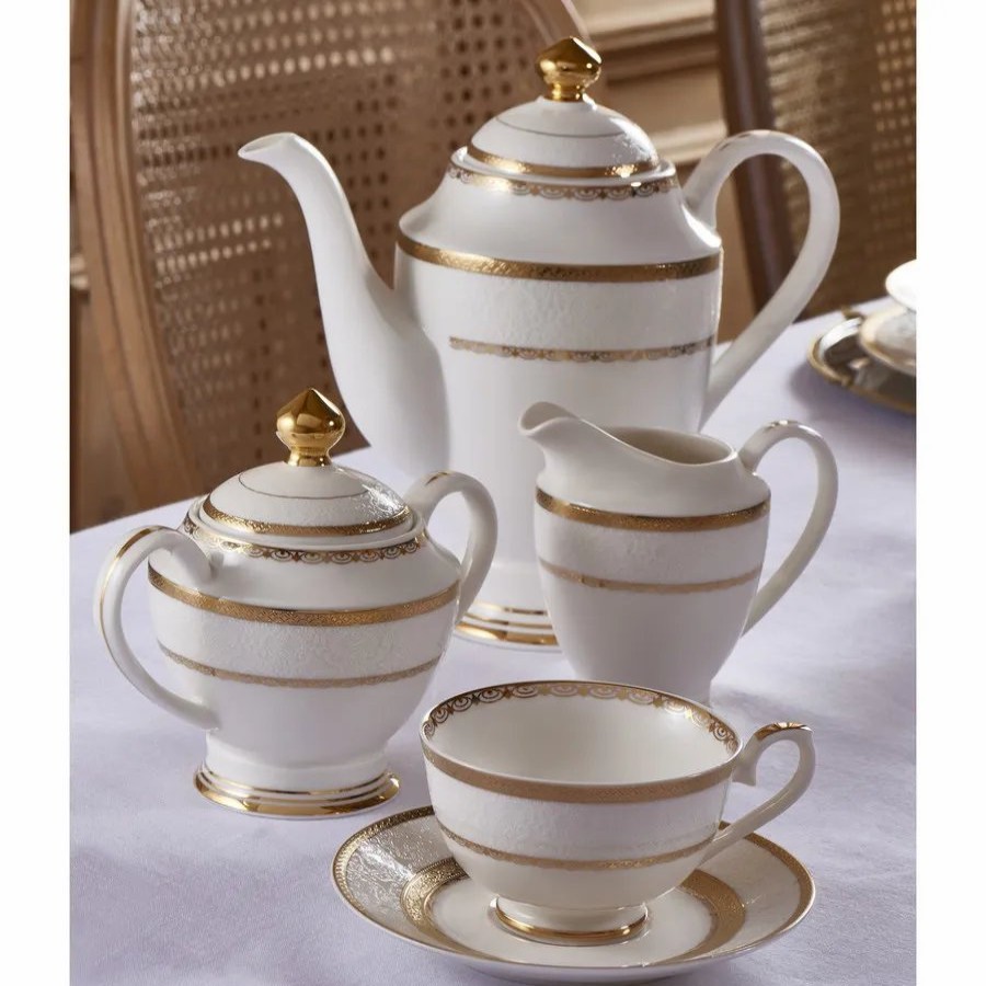 Tea Set | Weimar Weimar Claudia Of Bohemia 15 Piece Fine Bone Tea Set, White Gold