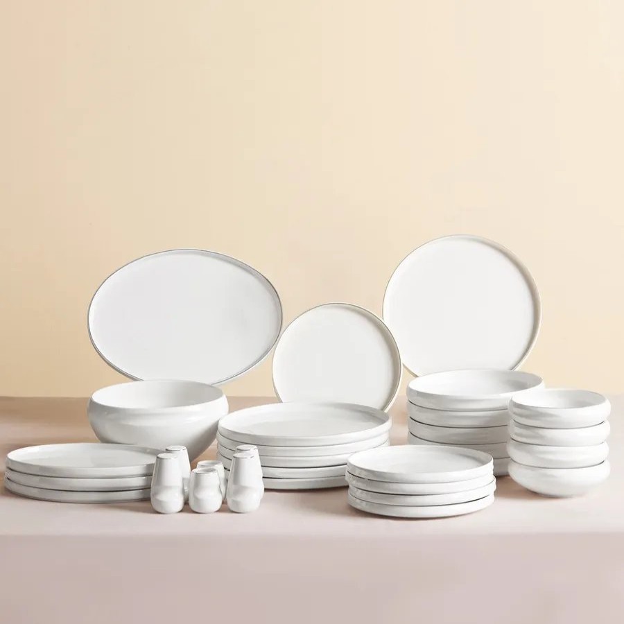 New Generation Bone China Dinner Sets | Karaca Karaca Red Carpet Collection Streamline Sunset 59-Piece New Generation Bone China Dinner Set For 12 People, White Gold