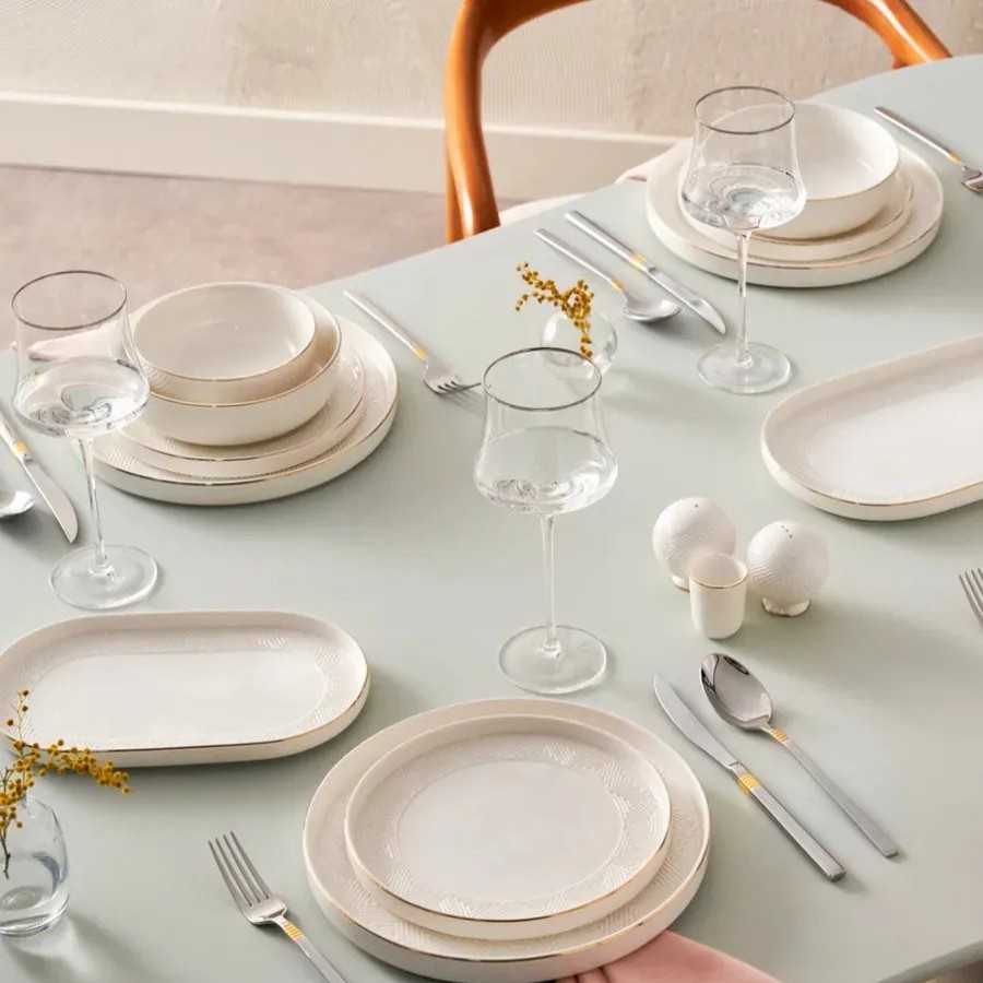 New Generation Bone China Dinner Sets | Karaca Karaca Streamline Scatola 57-Piece New Generation Bone China Dinner Set For 12 People, White Gold