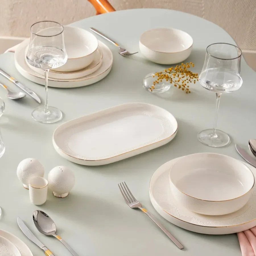 New Generation Bone China Dinner Sets | Karaca Karaca Streamline Scatola 57-Piece New Generation Bone China Dinner Set For 12 People, White Gold