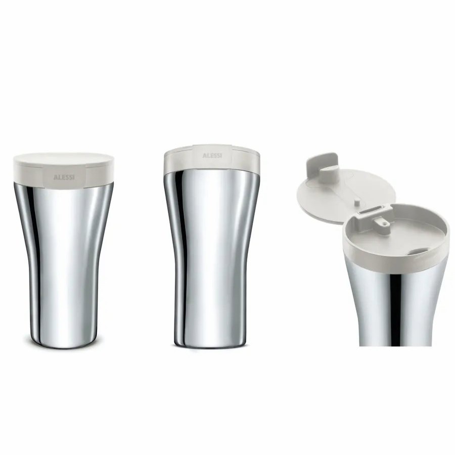 Stainless Steel Flasks | Alessi Alessi Caffa Stainless Steel Doublewall Travel Mug, 9.5Cmx9Cm17Cm, White Silver