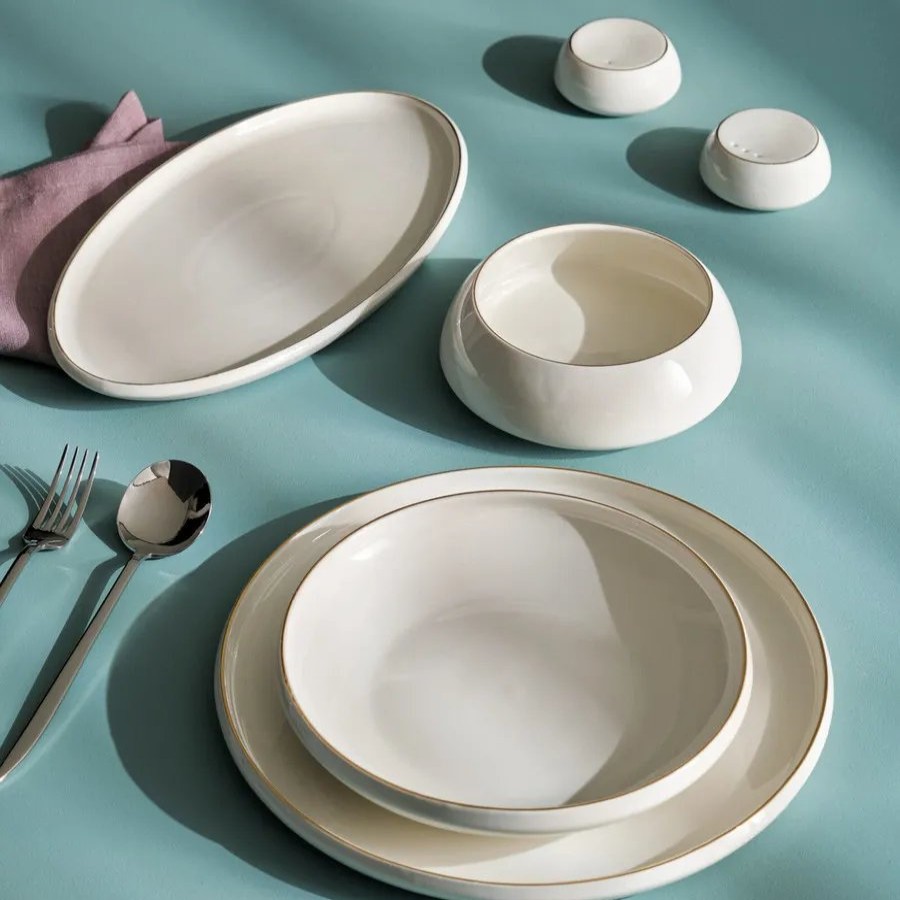 Porcelain Dinner Sets | Karaca Karaca Streamline Solaris 22-Piece Porcelain Dinner Set For 6 People, White Gold