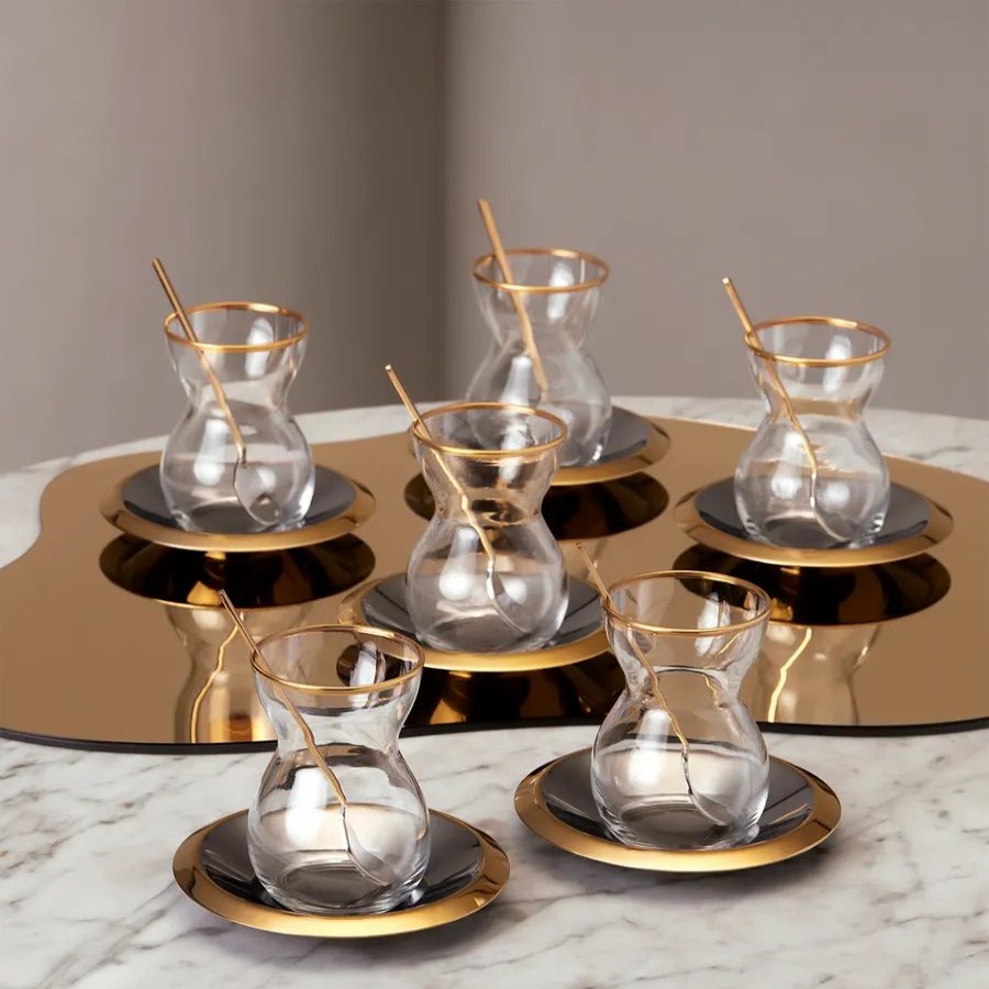 Turkish Tea Sets | Karaca Karaca Lacin 18 Piece Glass Turkish Tea Set For 6 People, 120Ml, Transparent Gold