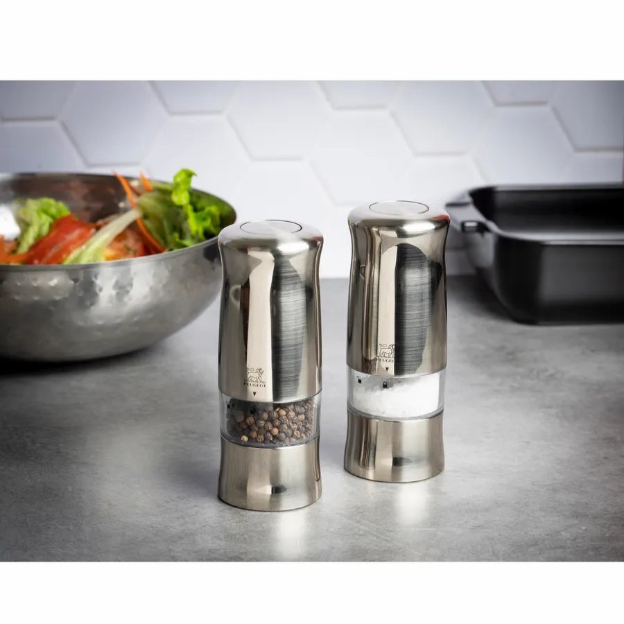 Salt And Pepper Grinders | Peugeot Peugeot Zeli 2 Piece Electric Stainless Steel Salt And Pepper Grinder, 14Cm, Silver