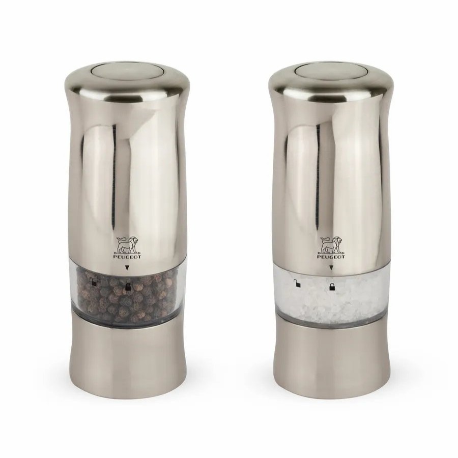 Salt And Pepper Grinders | Peugeot Peugeot Zeli 2 Piece Electric Stainless Steel Salt And Pepper Grinder, 14Cm, Silver