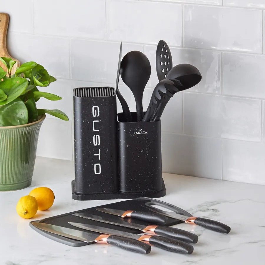 Knife Block Sets | Karaca Karaca Gusto 10 Piece Knife Block Set, Chopping Board And Kitchen Utensil Set, Black